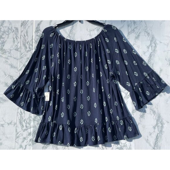 Style & Co Womens Floral Print Knit Top W/Ruffle Hem Large Navy Rayon Blend - Picture 2 of 7